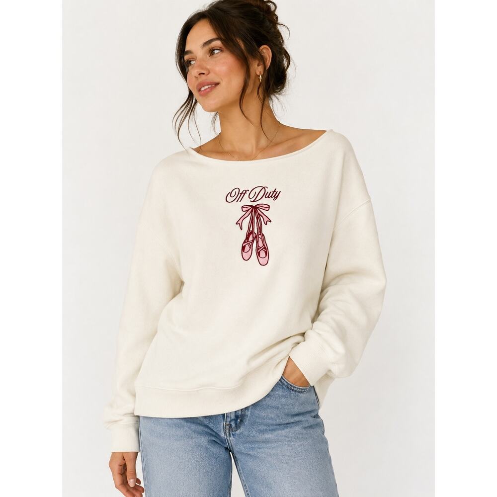 Off Duty Balletcore Sweatshirt Cream Embroidered NWT L Dance Ballet Pointe Shoes - Picture 10 of 10